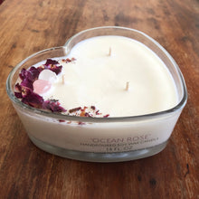 Load image into Gallery viewer, OCEAN ROSE Heart-Shaped Candle (w/ crystals and rose petals) 14 oz.