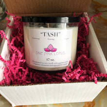 Load image into Gallery viewer, Large 17 fl oz. CUSTOM / PERSONALIZED 3-wick soy wax candle with crystals.
