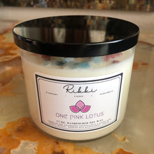 Load image into Gallery viewer, Large 17 fl oz. CUSTOM / PERSONALIZED 3-wick soy wax candle with crystals.