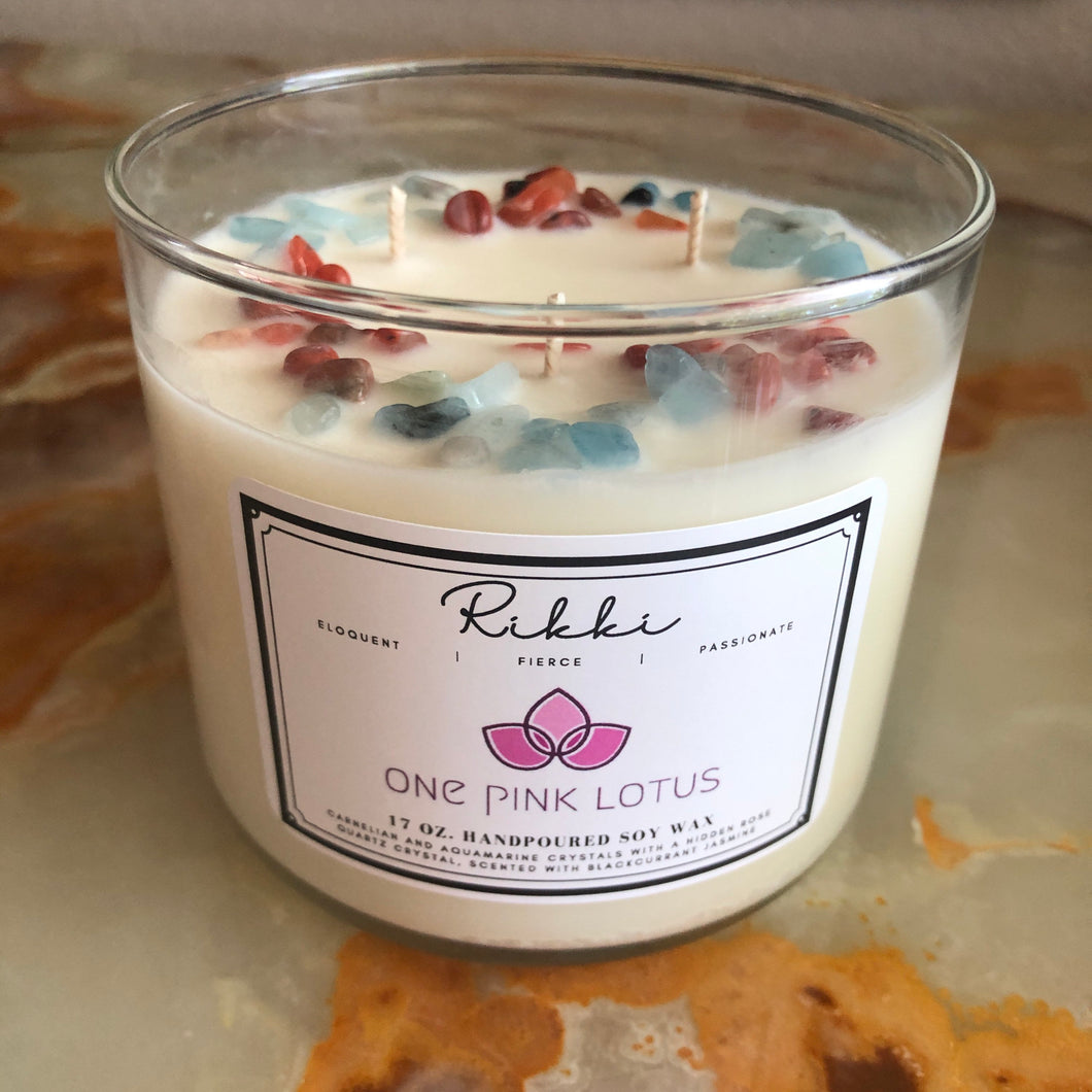 Large 17 fl oz. CUSTOM / PERSONALIZED 3-wick soy wax candle with crystals.