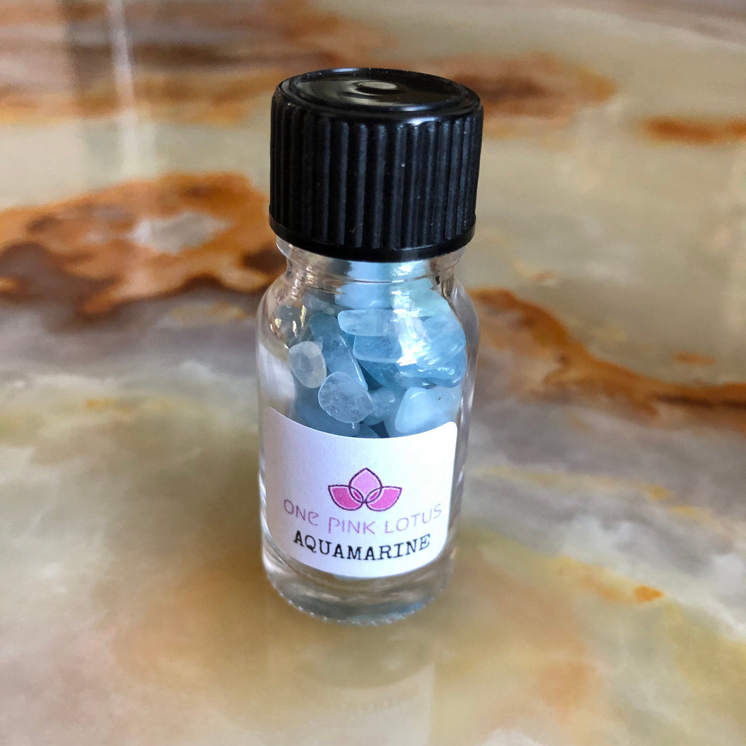 AQUAMARINE chips (small gift) in a bottle for spells, meditation or crafts