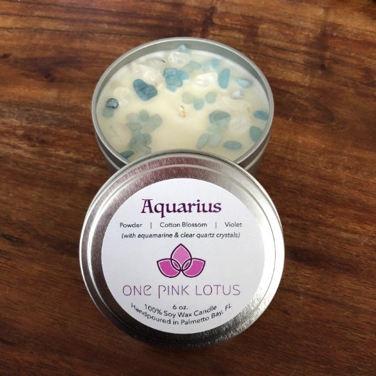 AQUARIUS Zodiac soy wax candle with crystals. January 20 - February 18